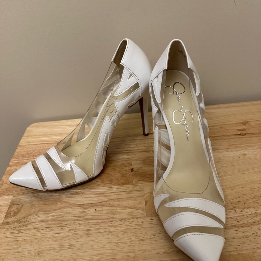 Jessica Simpson White Cut Out Heels with Clear Accents - Picture 5 of 6